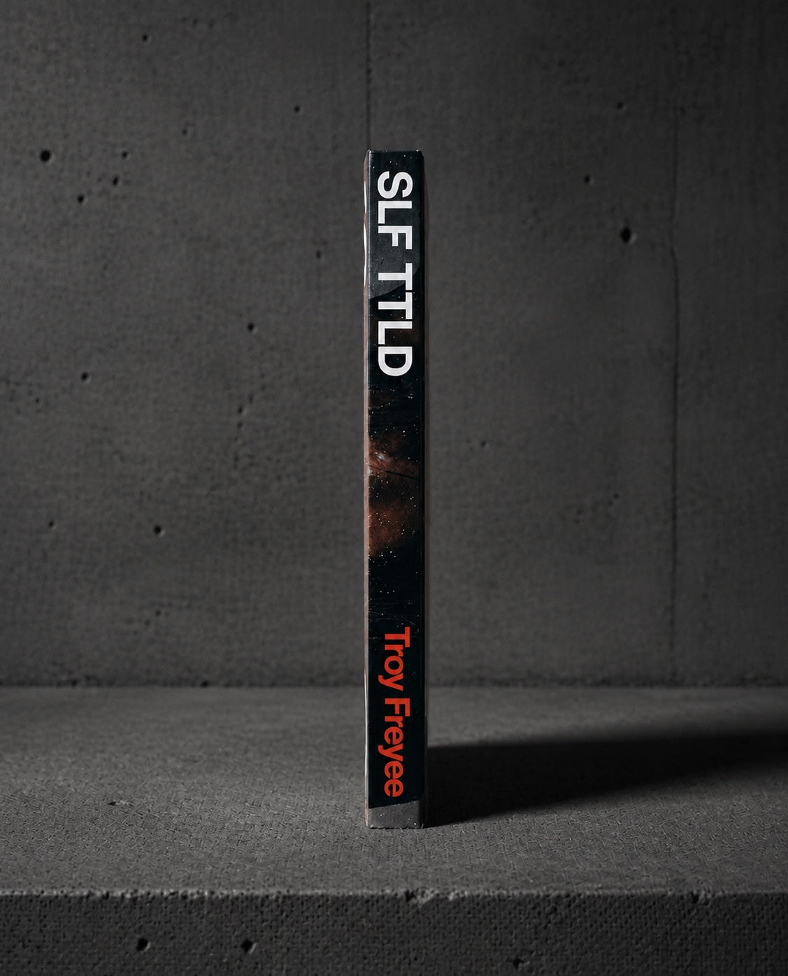 SLF TTLD book spine with white title and red Troy Freyee lettering against concrete