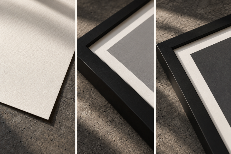 AI illustration of paper, a black frame corner and a white border on a concrete surface